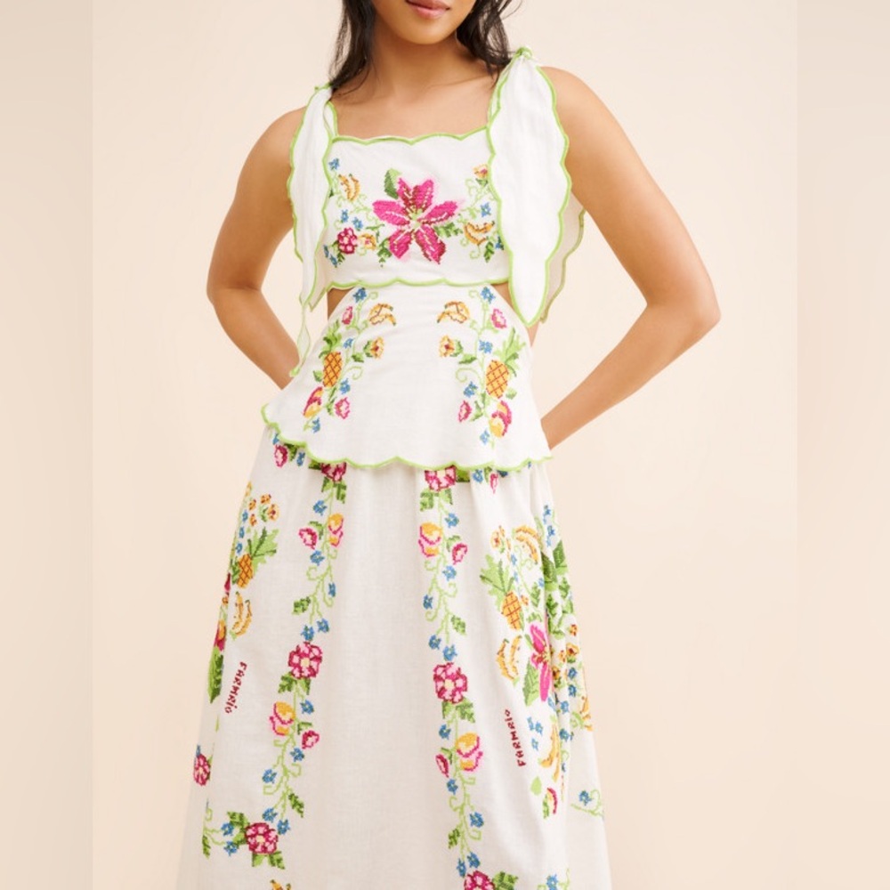 Farm Rio Tropical Romance Floral-embroidered Linen-blend Midi Dress Size XL - Picture 3 of 15